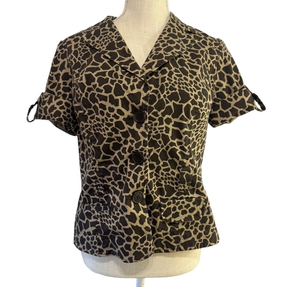 Leopard Print S.L.B. Woman Shirt Jacket Button Up Blouse Top Sz 12‎ Short Sleeve